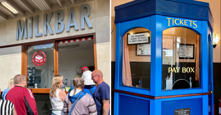 people queuing outside the Milk Bar at Beamish Museum.